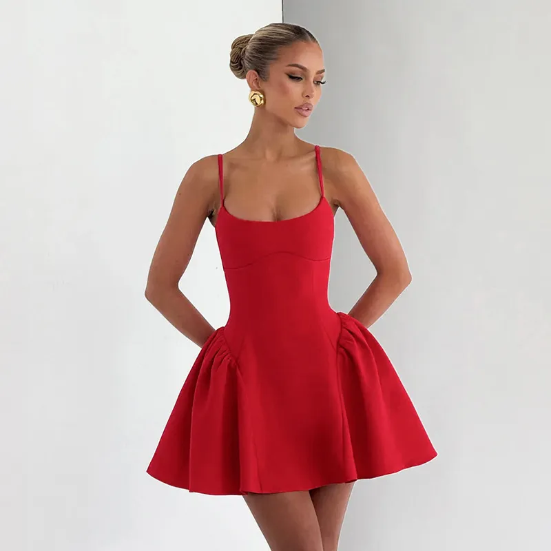 Women's Strap A-line Sleeveless Ruffled Bustier Dress - Red