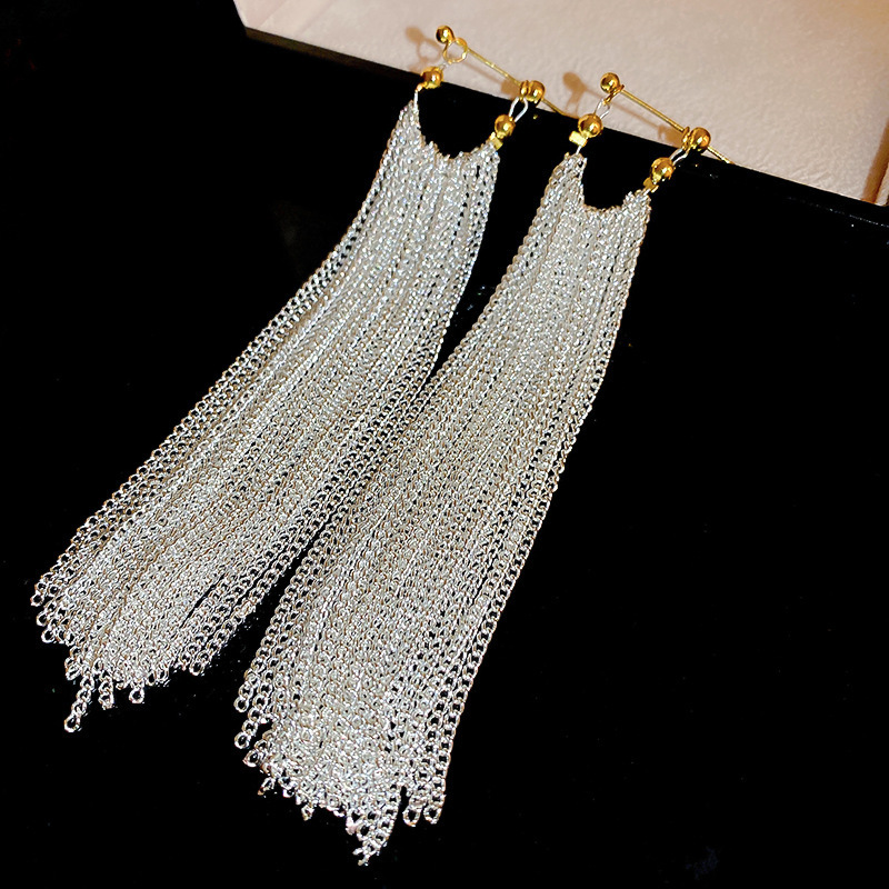 Retro Minority Medieval Silver Needle Metal Tassel Earrings