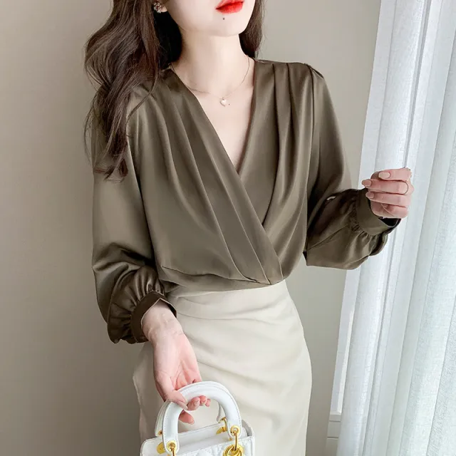 V neck Satin Long sleeved Shirt Women's Professional Bottoming Shirt Khaki - Shop at LoveMi