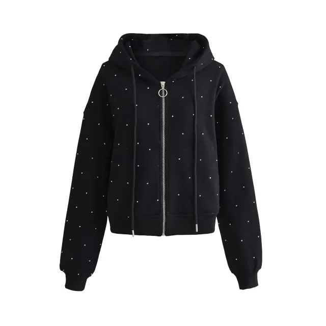 Summer New European And American Style Starry Rhinestone Hoodie With Drawstrings Coat Women's Sweater Black - Shop at LoveMi