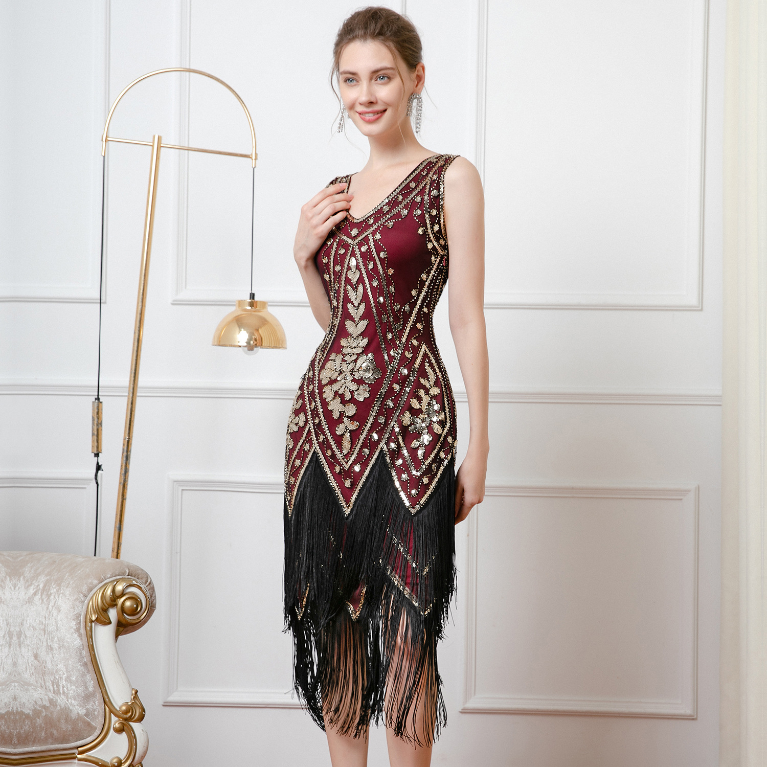 Retro Double layered Tassel V neck Bead Dress Wine - Shop at LoveMi