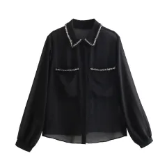 Autumn New European And American Style Texture Patchwork Pocket Decorative Chiffon Loose Shirt - Black - View 1