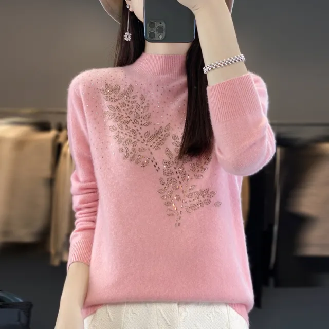 Women's Loose And Versatile Semi High Neck Knitted Sweater Pink - Shop at LoveMi