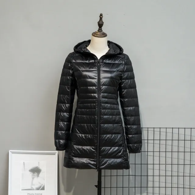 Autumn And Winter Lightweight Down Jacket Women's Mid length Plus Size Hooded Slim Fit Oversized Coat Black - Shop at LoveMi