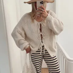 Women's Solid Color Casual Loose And Simple Lace-up Sweater Coat - Beige - View 1