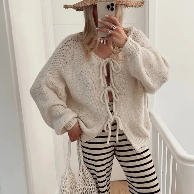 Women's Solid Color Casual Loose And Simple Lace up Sweater Coat Beige - Shop at LoveMi