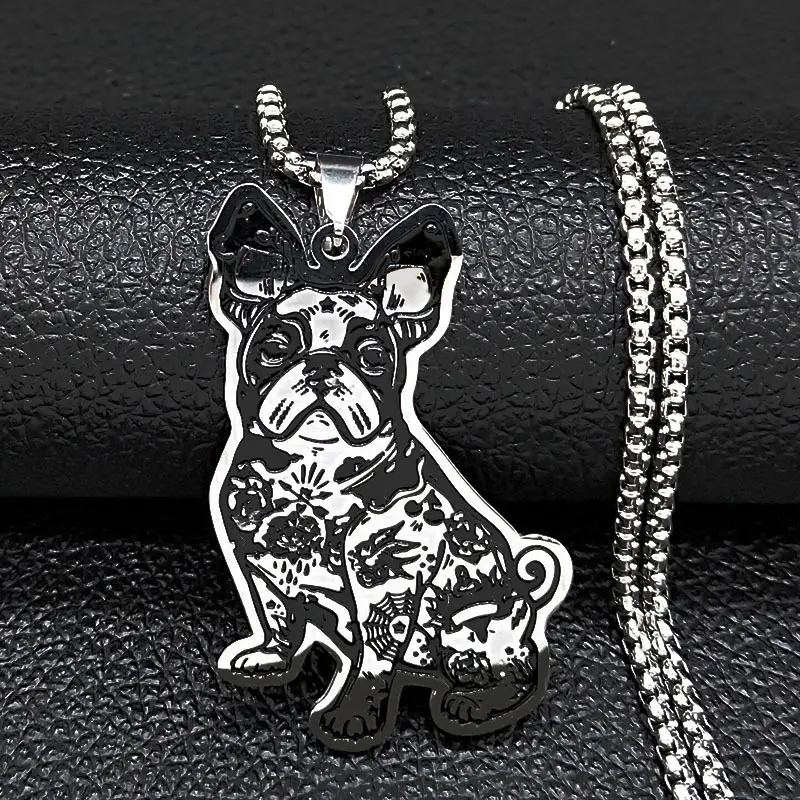 Cute French Bulldog Pendant Necklace In Black-Oiled