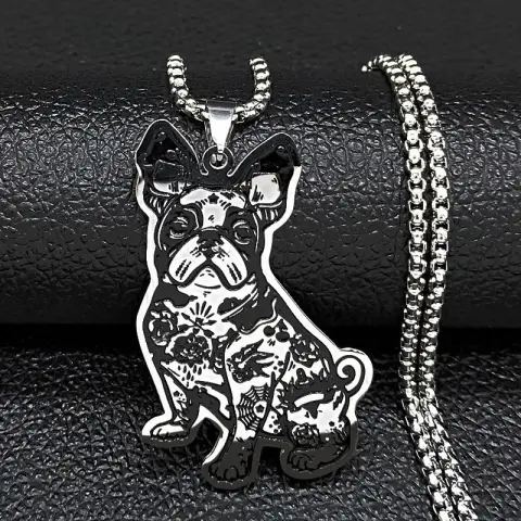 Cute French Bulldog Pendant Necklace in Black-Oiled Stainless Steel
