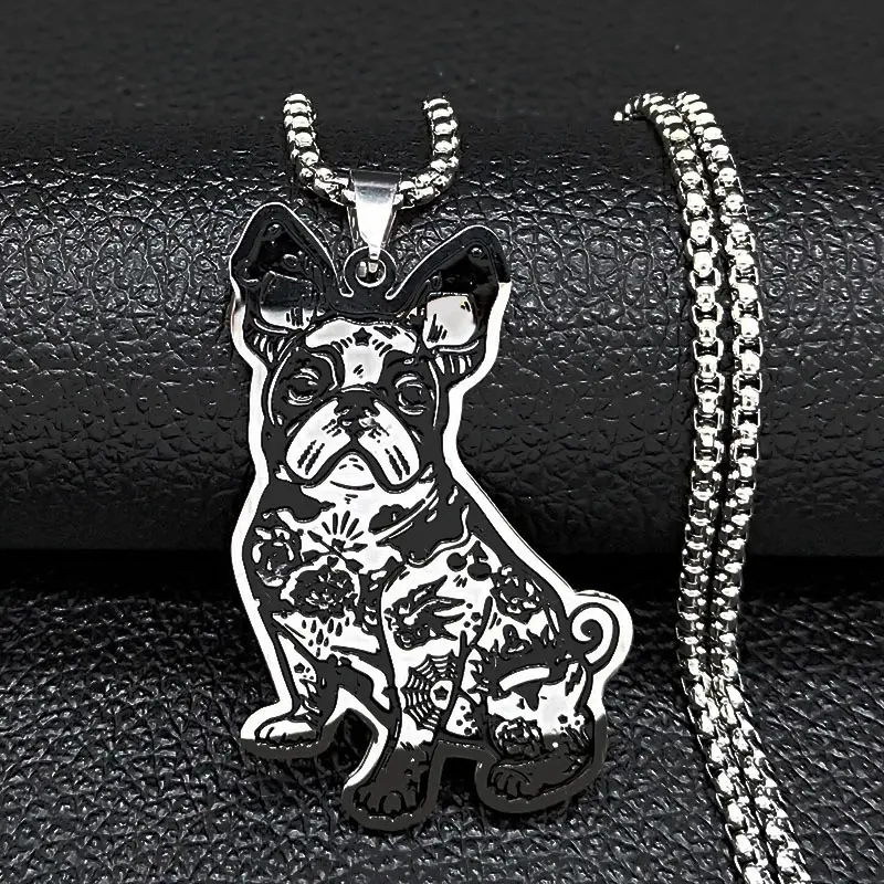 Cute French Bulldog Pendant Necklace in Black-Oiled Stainless Steel