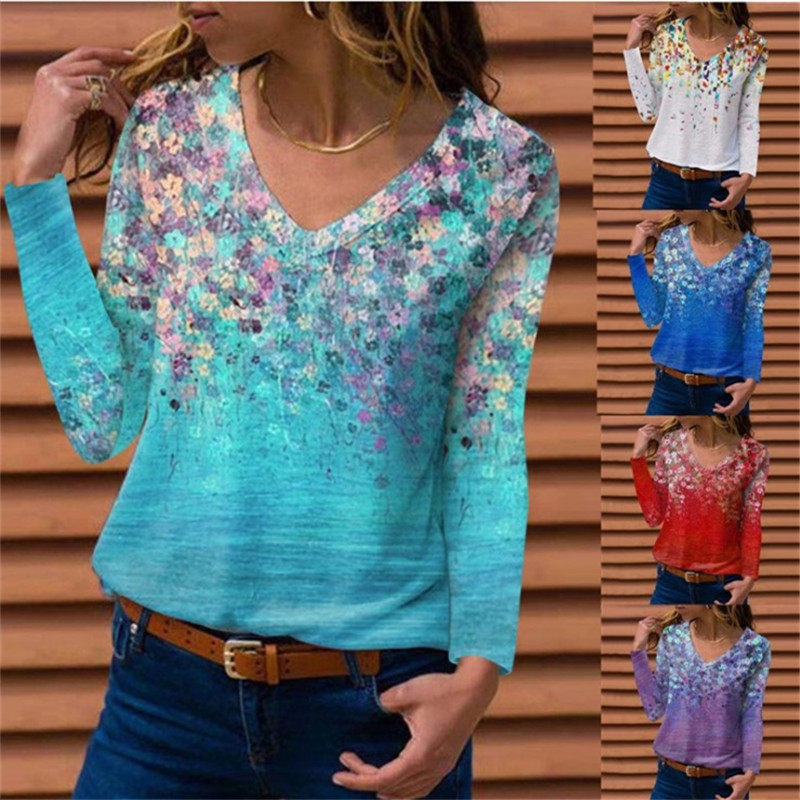 SpringSummer New V-Neck Printed Long-Sleeve Womens T-Shirt Top