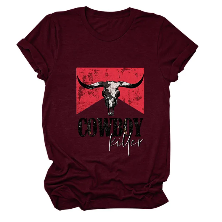 COWBOY KILLER Cow Head Letter Print Short-sleeve Loose Women's T-shirt - Wine