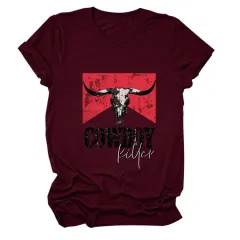 COWBOY KILLER Cow Head Letter Print Short-sleeve Loose Women's T-shirt - Wine - View 1