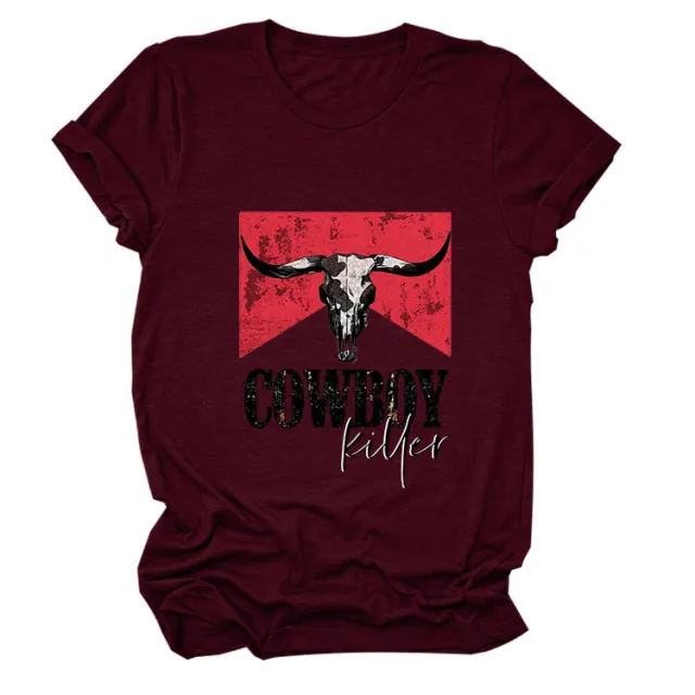COWBOY KILLER Cow Head Letter Print Short sleeve Loose Women's T shirt Wine - Shop at LoveMi