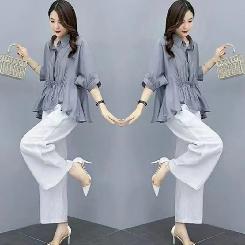 Casual Chic Plus-size Wide-leg Pants Linen Two-piece