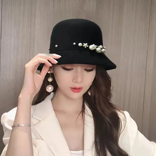 Top Hat Women's Fashion Big Brim Pearl Woolen Felt Hat Black - Shop at LoveMi