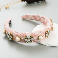 Korean Ins Headband Classic Style Color Glass Drill Pearl Hair Accessories - Pink - View 1
