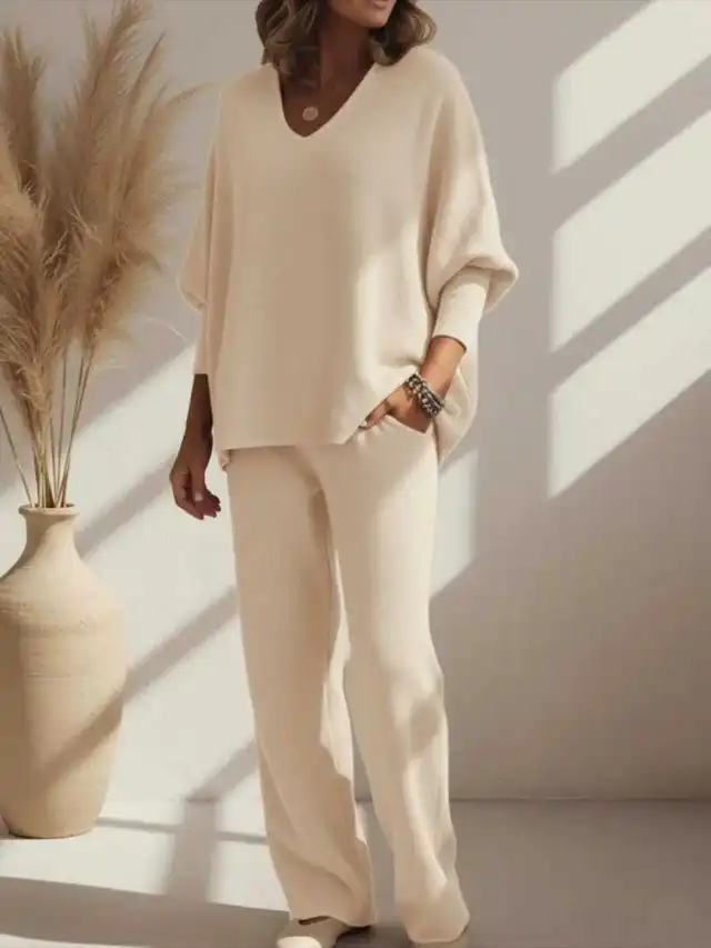 V neck Long sleeved Top Knitted Home Pants Suit 2 piece Set Apricot - Shop at LoveMi