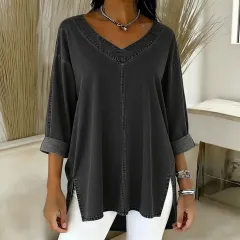 Female Solid Colour Casual Street-Style Denim V-Neck Top - Grey - View 1