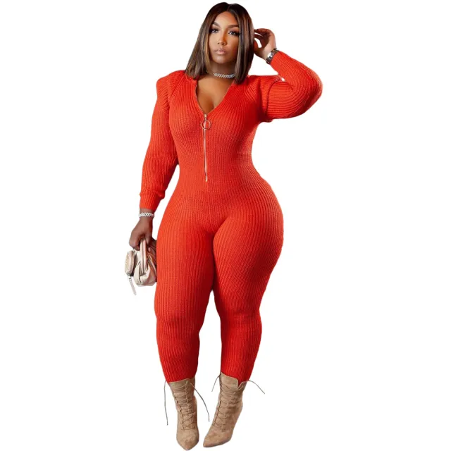Women's Fall Winter Fashion Knitted Wool Padded Shoulder Hooded Jumpsuit Orange - Shop at LoveMi