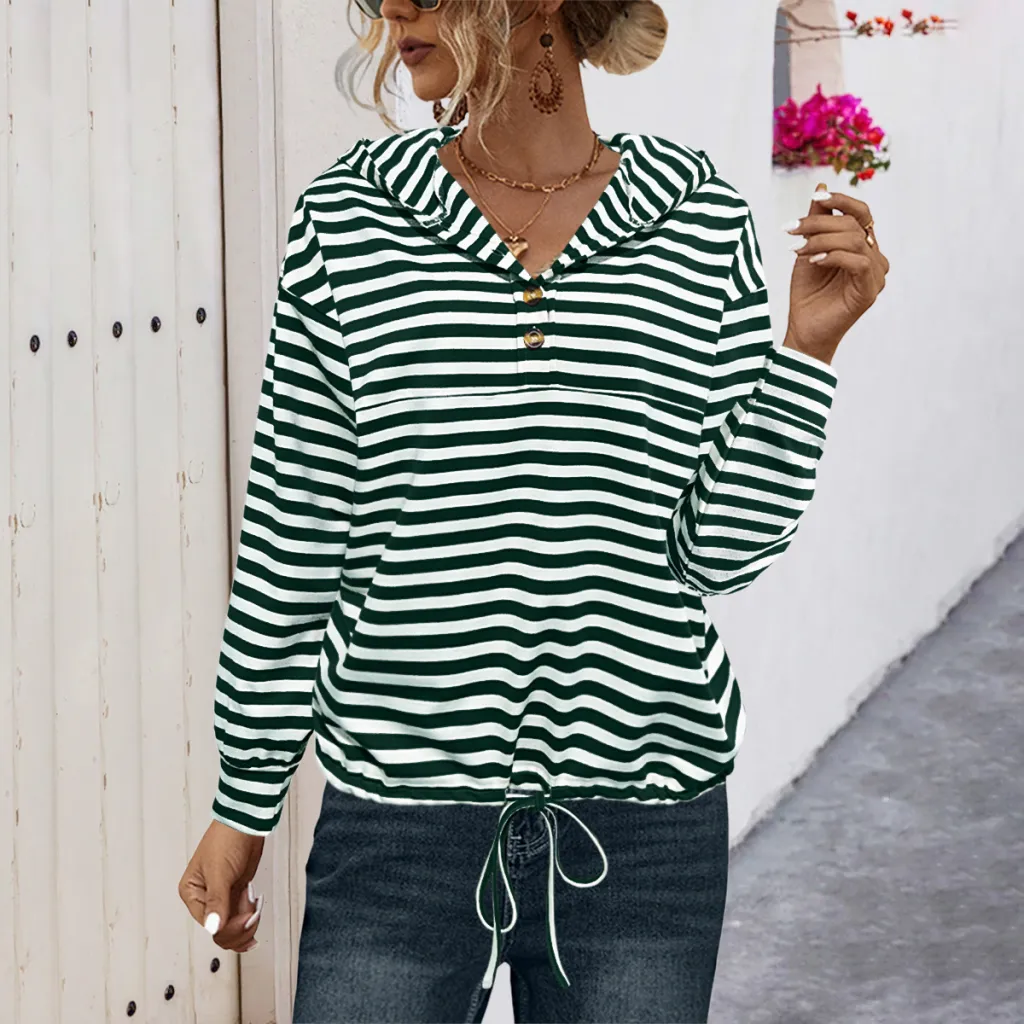 Button Striped Hooded Sweater For Women - Green & White Stripes