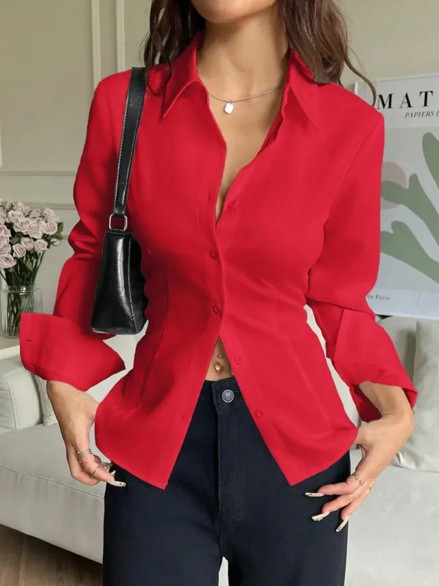 New Slim fit Waist cinching Asymmetrical Blouse Red - Shop at LoveMi