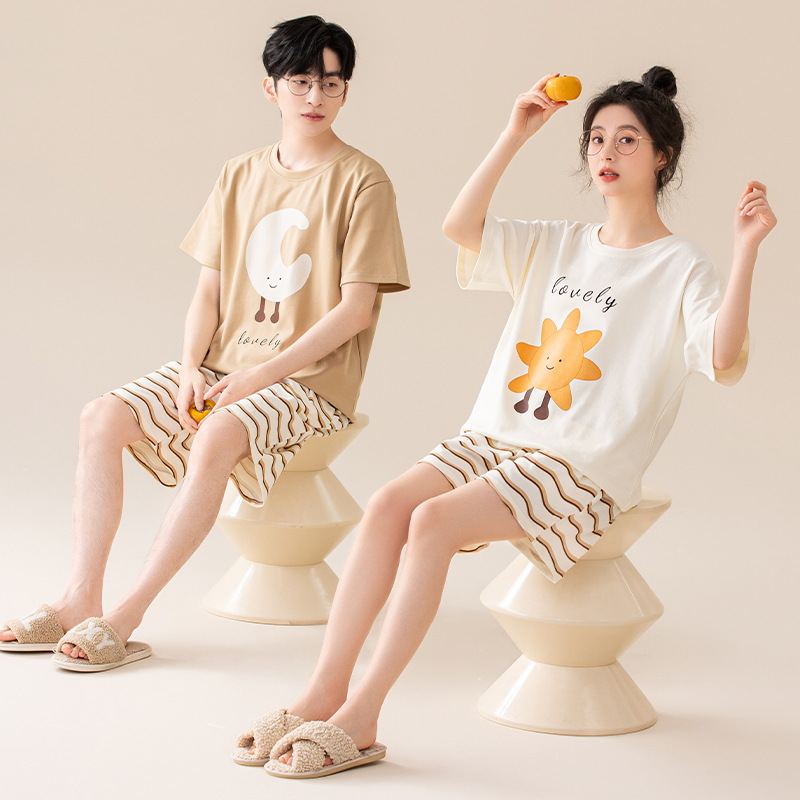 Antibacterial Couple Pajamas Summer Pure Cotton Short-Sleeve Mens Set