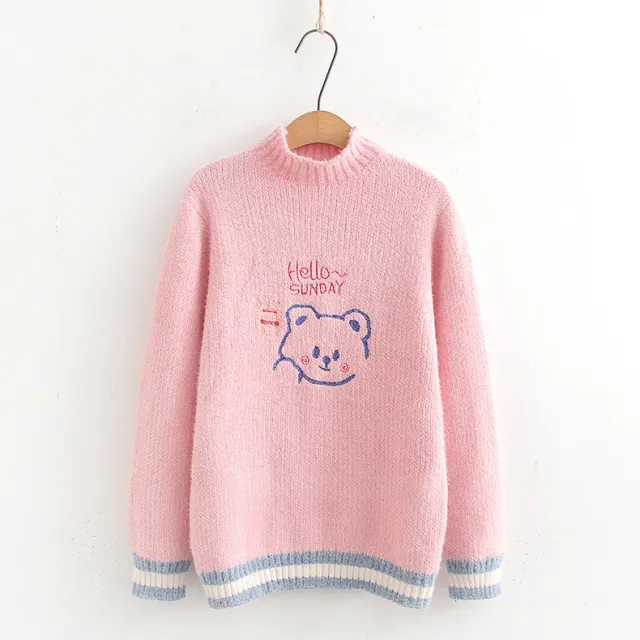 Women's Loose Cartoon Embroidery Half Turtleneck Pullover Pink - Shop at LoveMi