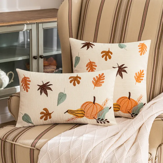 Autumn Maple Leaf Pumpkin Embroidered Cushion Living Room Sofa Cushion Pillowcase Pumpkin Fallen Leaves - Shop at LoveMi