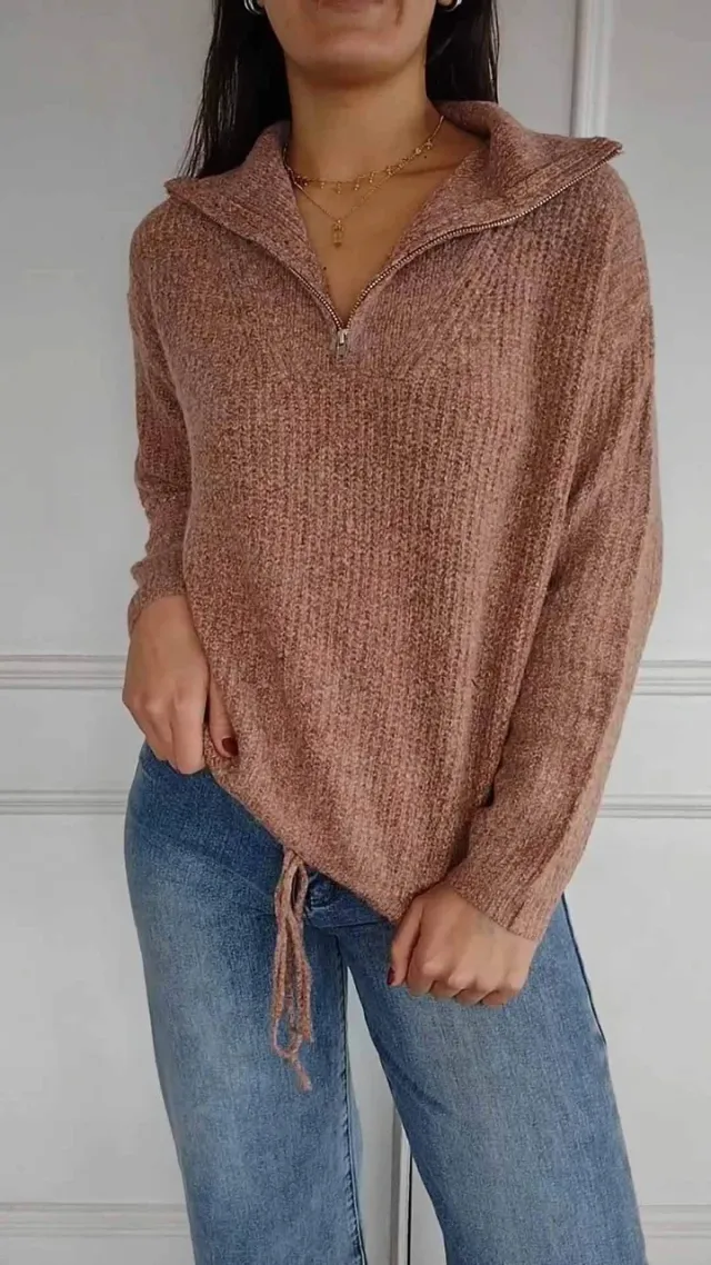 Knitwear Sweater Pullover High Collar Drawstring Women's Clothing Light Brown - Shop at LoveMi