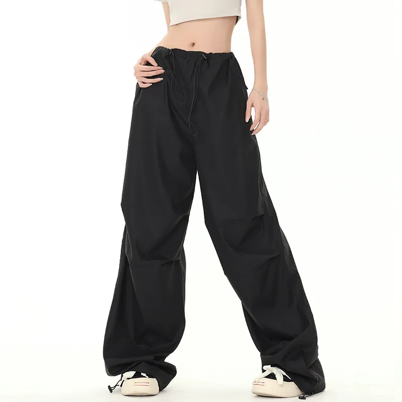 Gray Loose Casual Wide Leg Charge Paper Bag Pants - Black