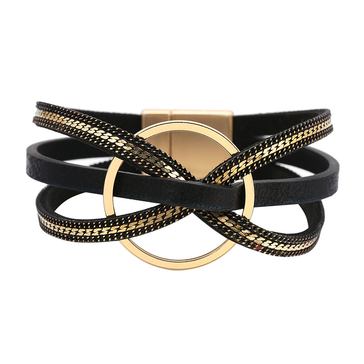 Minimalist Multi-layer Geometric Ring Magnetic Snap Leather Bracelet