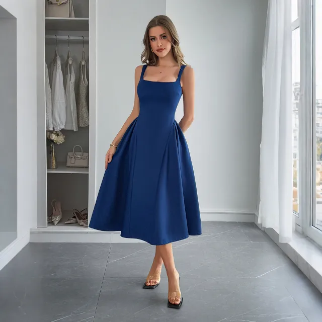 European And American Leisure Simple Camisole Line A Dress Dark Blue - Shop at LoveMi