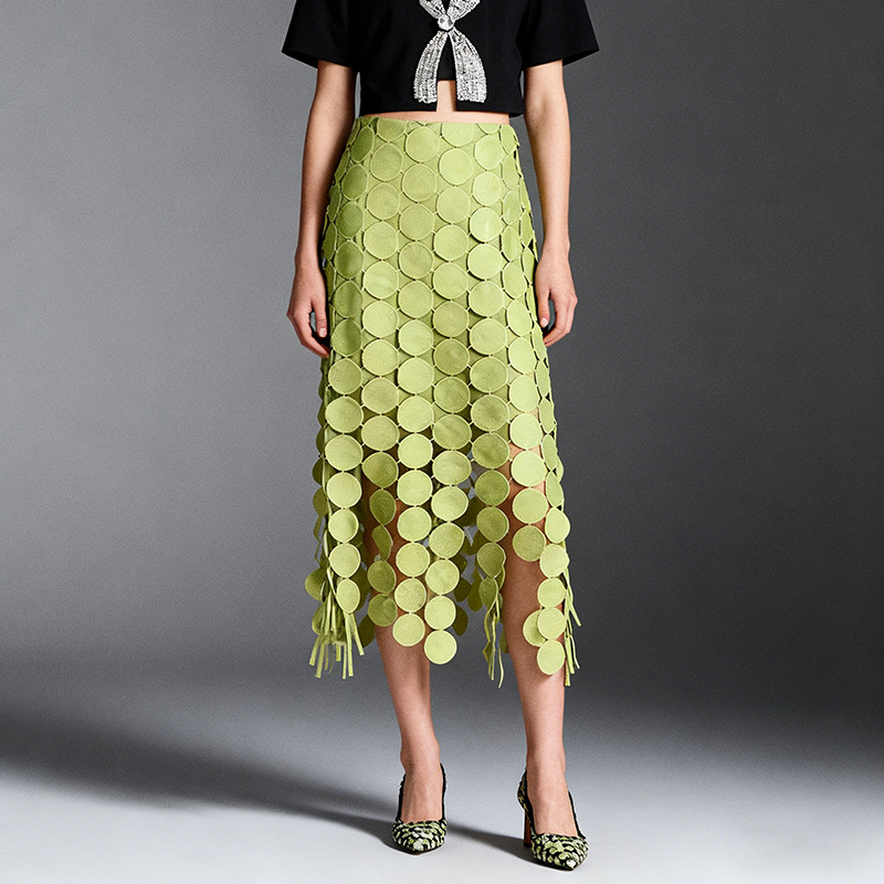 Womens Trendy Fringed Patchwork High-Waist Midi Skirt With A Sophisticated Touch