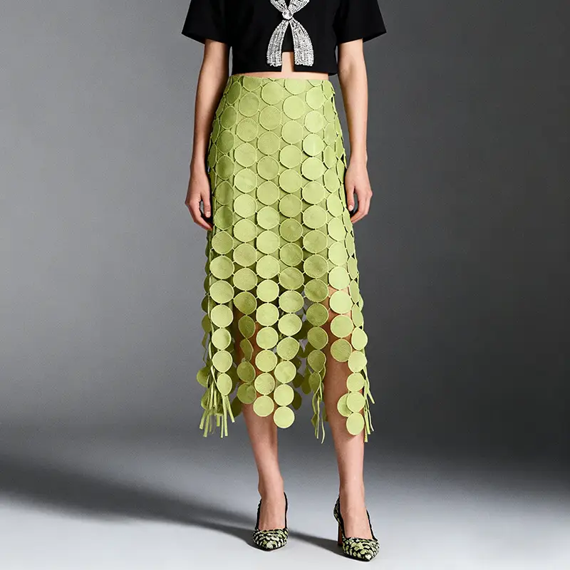 Womens Trendy Fringed Patchwork High-Waist Midi Skirt With A Sophisticated Touch
