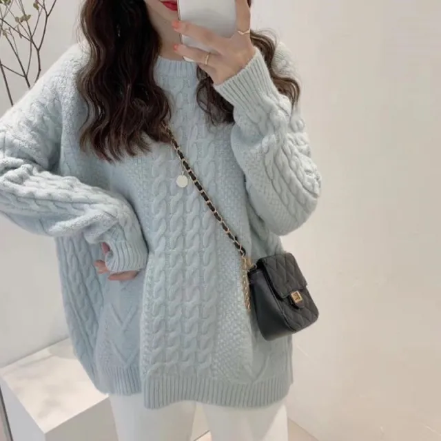 Thick Hemp Flowers Knitted Round Neck Sweater Retro Loose Top Light Blue - Shop at LoveMi