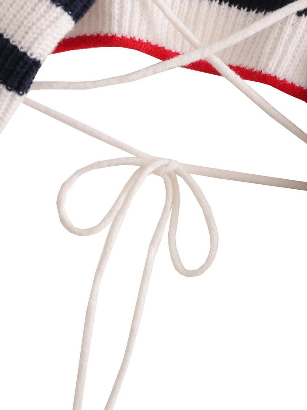 European And American Short Backless Striped Lace-up Knitted Top