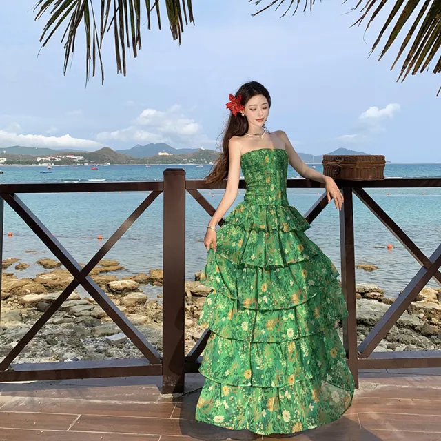 Top Waist Ruffled Women's Printed Dress Green - Shop at LoveMi