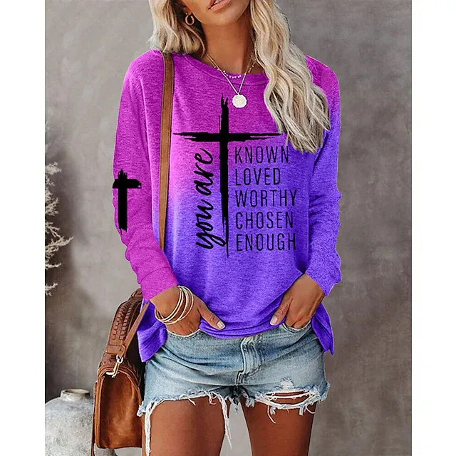 Gradient Text Printing Long Sleeve Round Neck Top Dark Violet - Shop at LoveMi