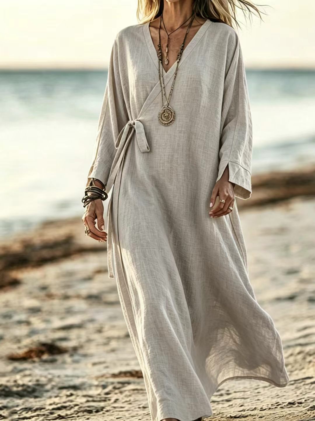 V-neck Crossover Strap Long-sleeve Resort Dress B615d1b7 8b31 4ca9 A593 E5f576fced88