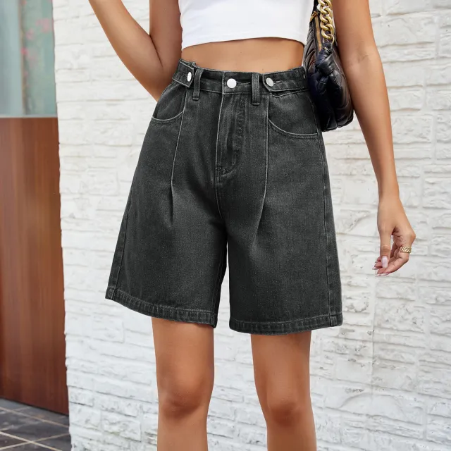Denim Shorts With Waist Adjustable Design Fashion Summer Pants For Women Black Gray - Shop at LoveMi