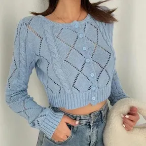 Retro Slimming High Waisted Round Neck Long Sleeved Sweater For Women Blue - Shop at LoveMi