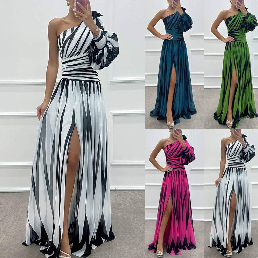Printed Slant Shoulder Slit Dress INS Casual Loose