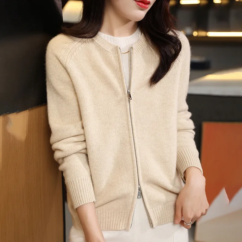 Autumn And Winter Pure Wool Cardigan Women's Round Neck Loose - Raw Velvet Rice
