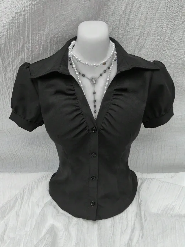 V neck Pleated Sexy Women's Slim fit Short sleeved Shirt Black - Shop at LoveMi