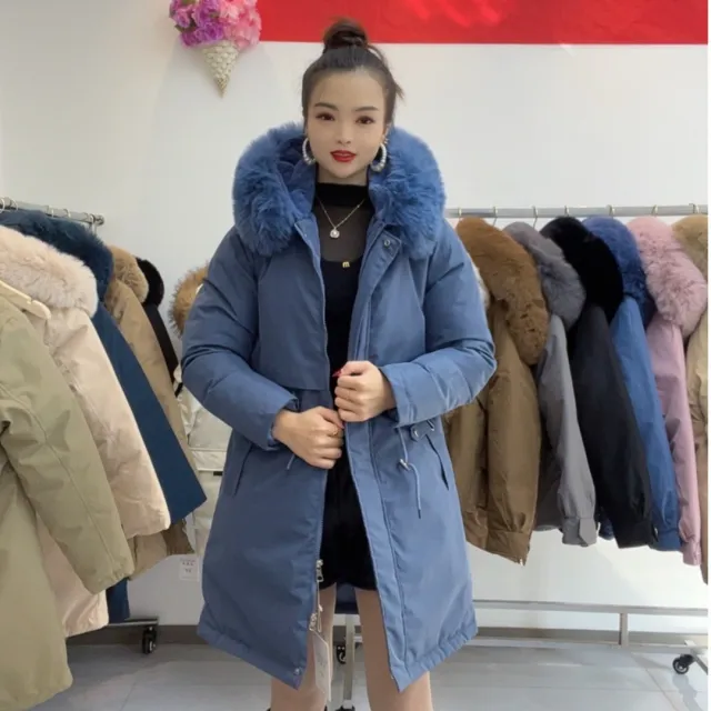 Women's Hooded Fleece Lined Padded Warm Keeping Big Fur Collar Blue - Shop at LoveMi