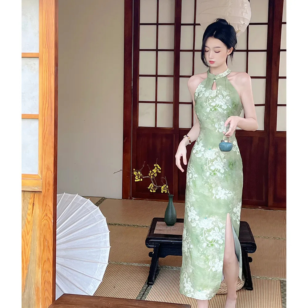 New Chinese style Ethereal And Serene Halter neck Waist cinching Maxi Dress Green - Shop at LoveMi