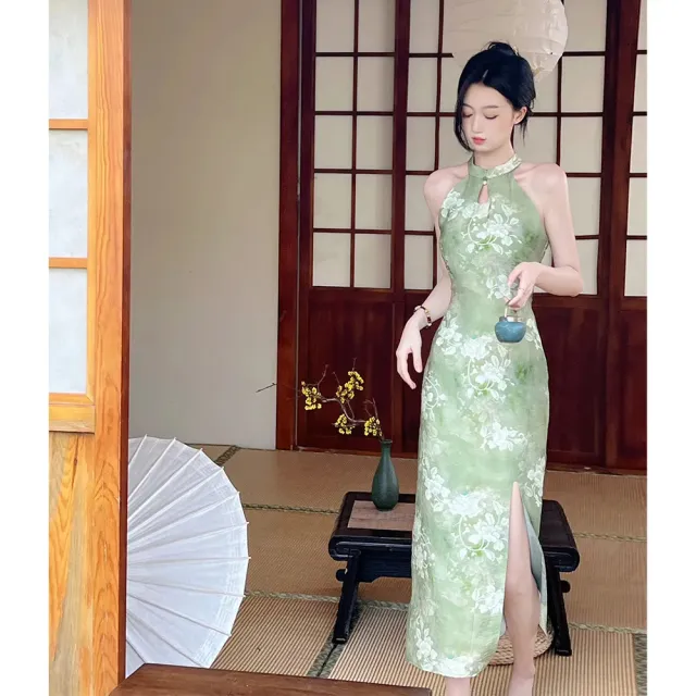 New Chinese style Ethereal And Serene Halter neck Waist cinching Maxi Dress Green - Shop at LoveMi