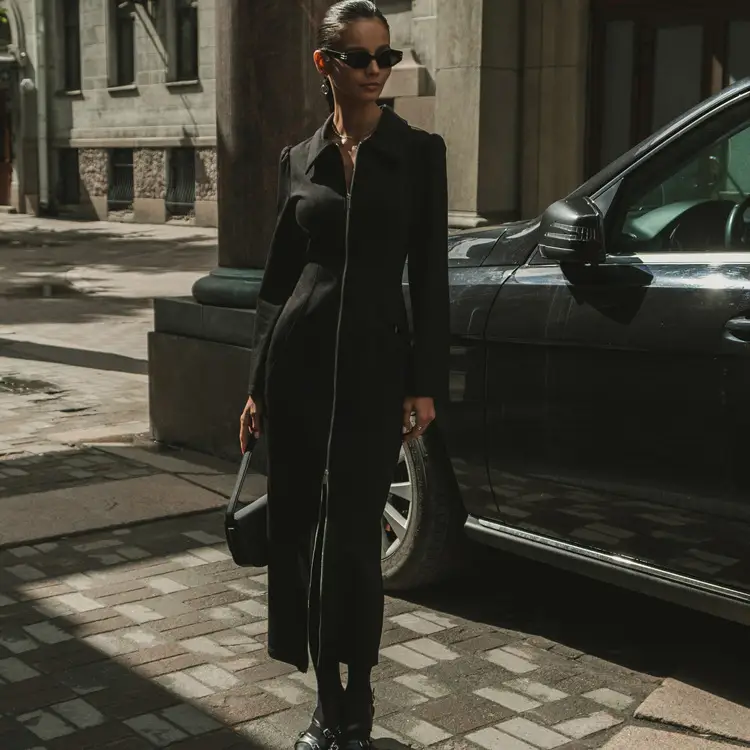 Women's Fashion Lapel Zipper Hip Hugging Long Skirt