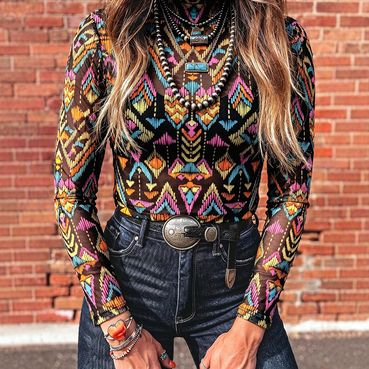Womens Casual Abstract-print Long-sleeve Top