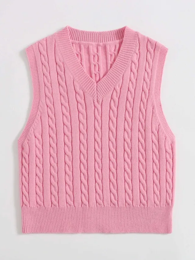 SpringSummer Knitted Cabled Vest Pullover With V Neck Pink - Shop at LoveMi
